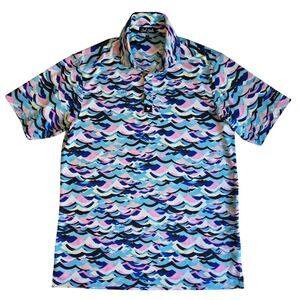 Bad Birdie Polo Shirt Mens Small Blue Pink Wave Print Golf Performance Stretch